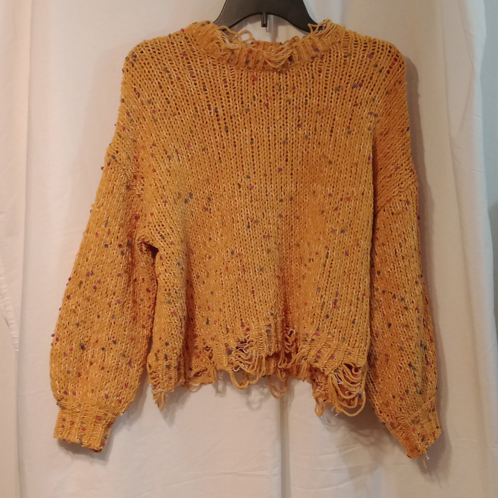 124 Pol Confetti knitted mustard distress sweater with bubble sleeves size S✔️ - Picture 1 of 10